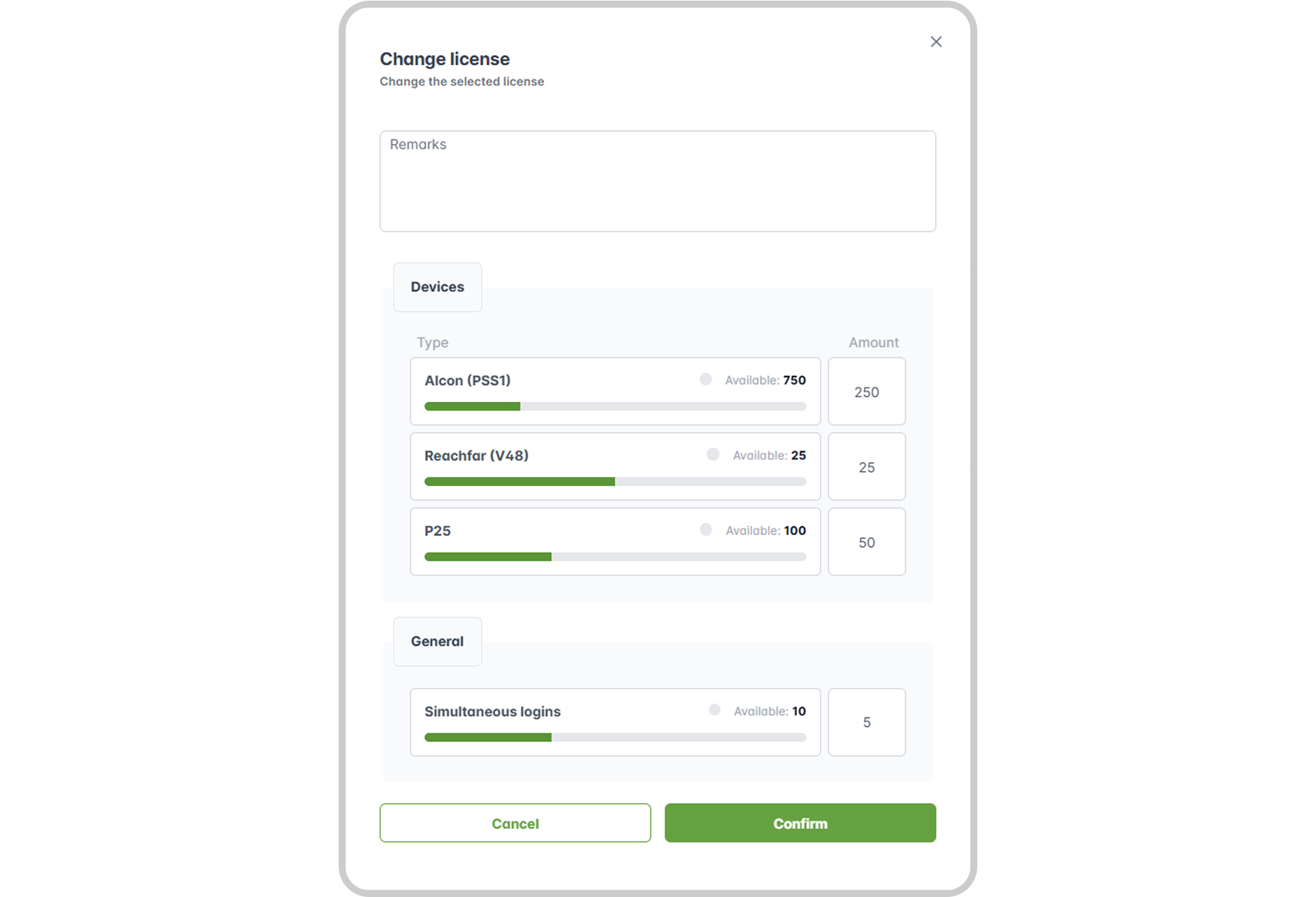 Image: Modifying a subsidiary's license settings.