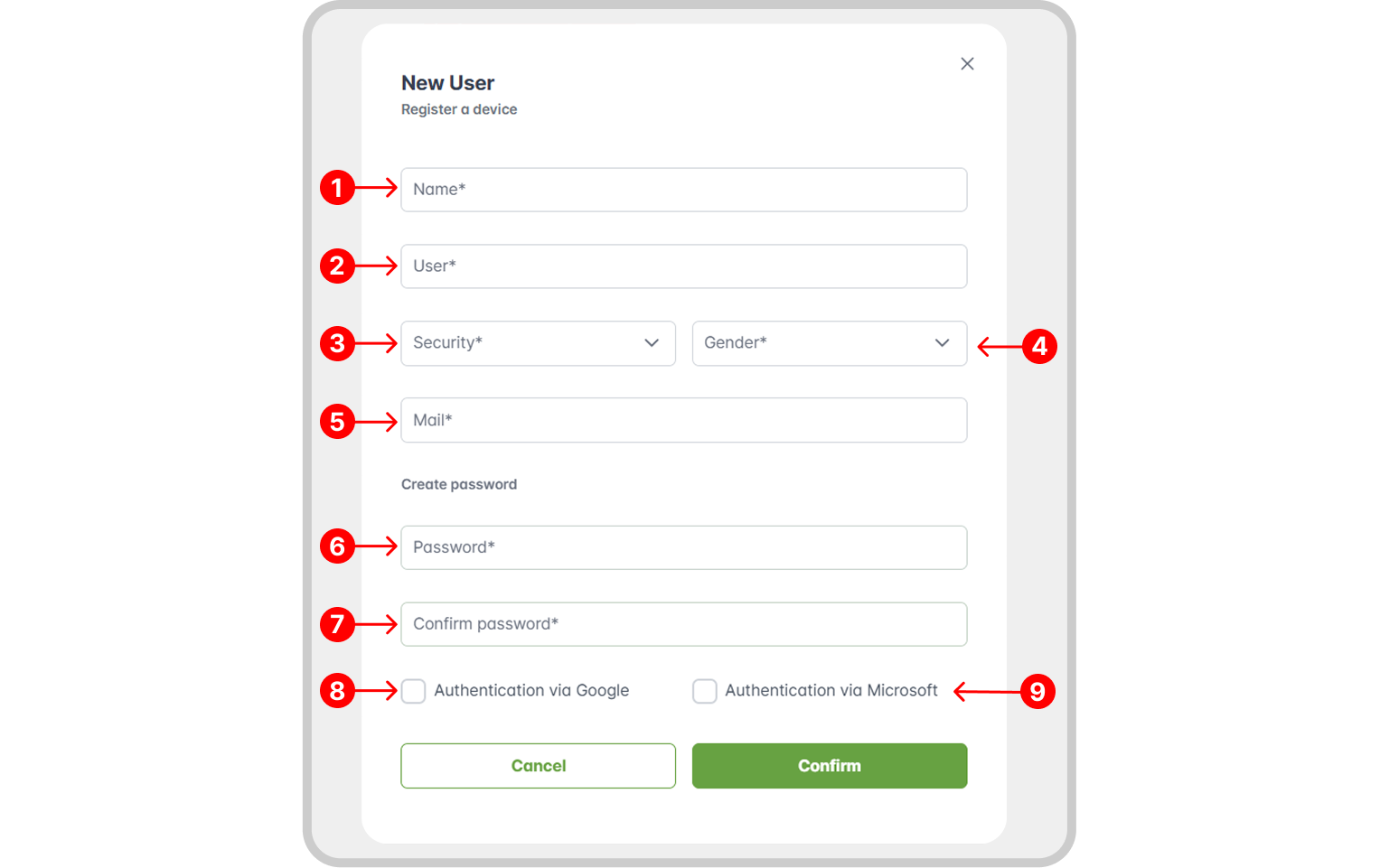 User creation panel.